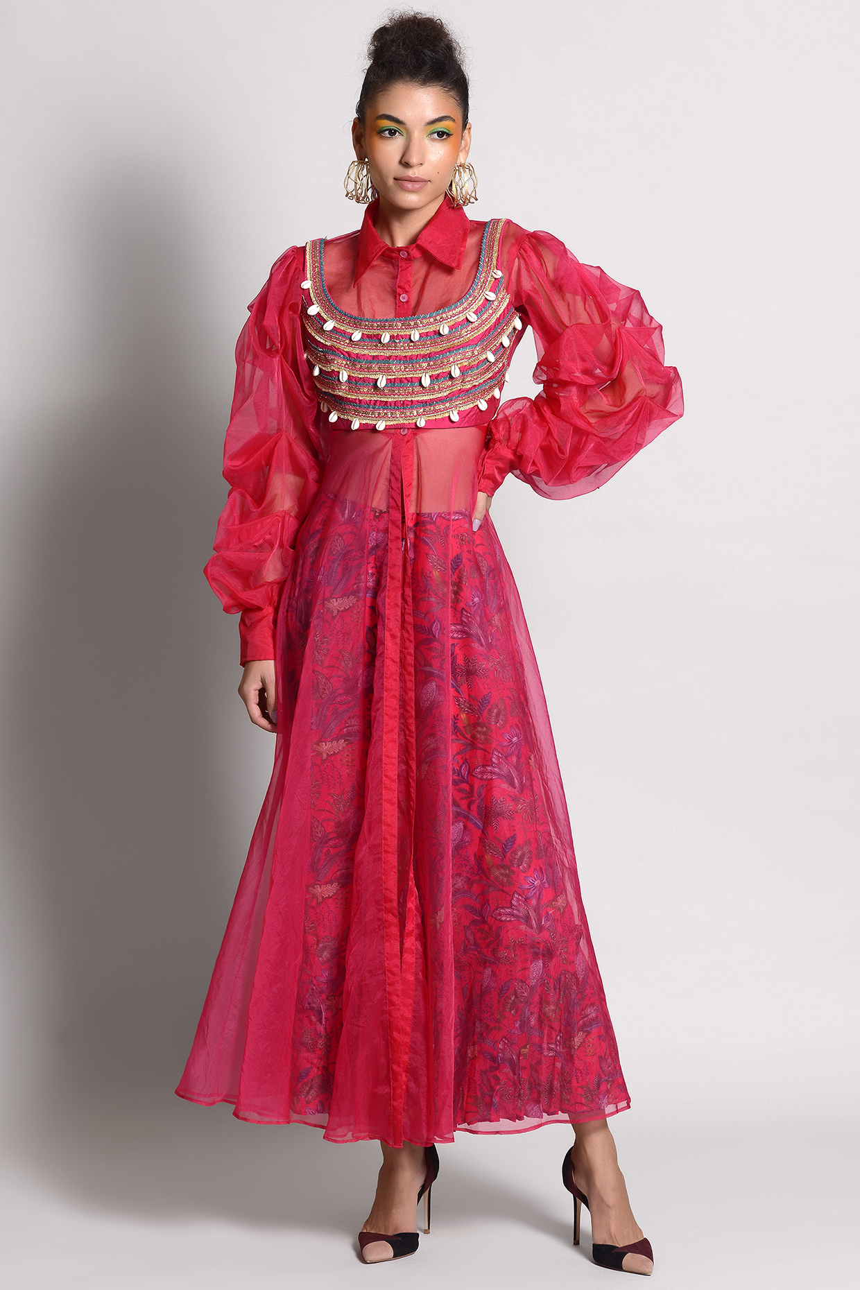 Raspberry Tropical Printed Gharara Set by Rishi & Vibhuti at Pernia's Pop Up Shop
