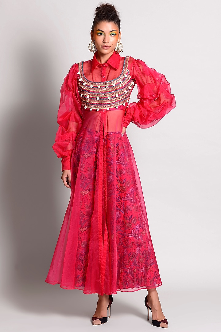 Raspberry Tropical Printed Gharara Set by Rishi & Vibhuti at Pernia's Pop Up Shop