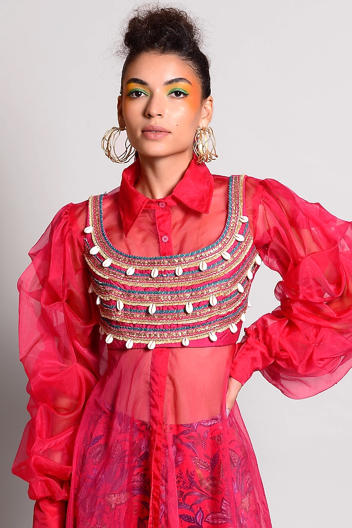 Raspberry Tropical Printed Gharara Set by Rishi & Vibhuti at Pernia's Pop Up Shop