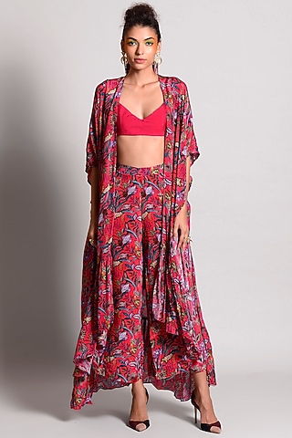 Raspberry Tropical Printed Cape Set by Rishi & Vibhuti