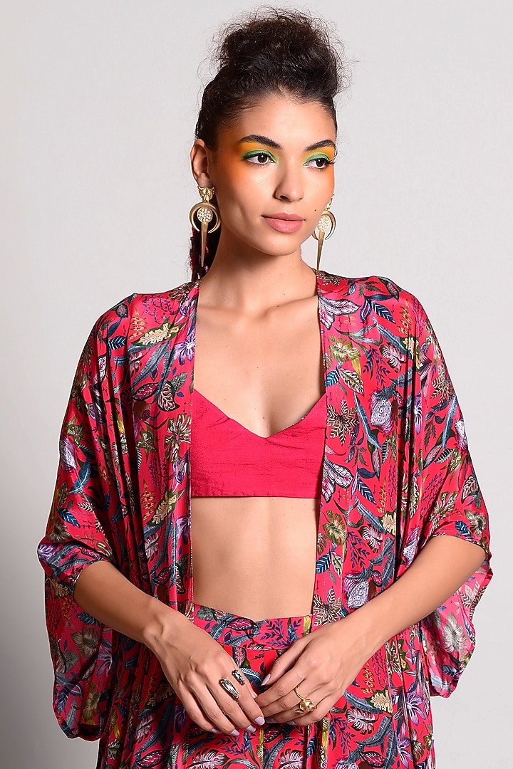 Raspberry Tropical Printed Cape Set by Rishi & Vibhuti at Pernia's Pop Up Shop