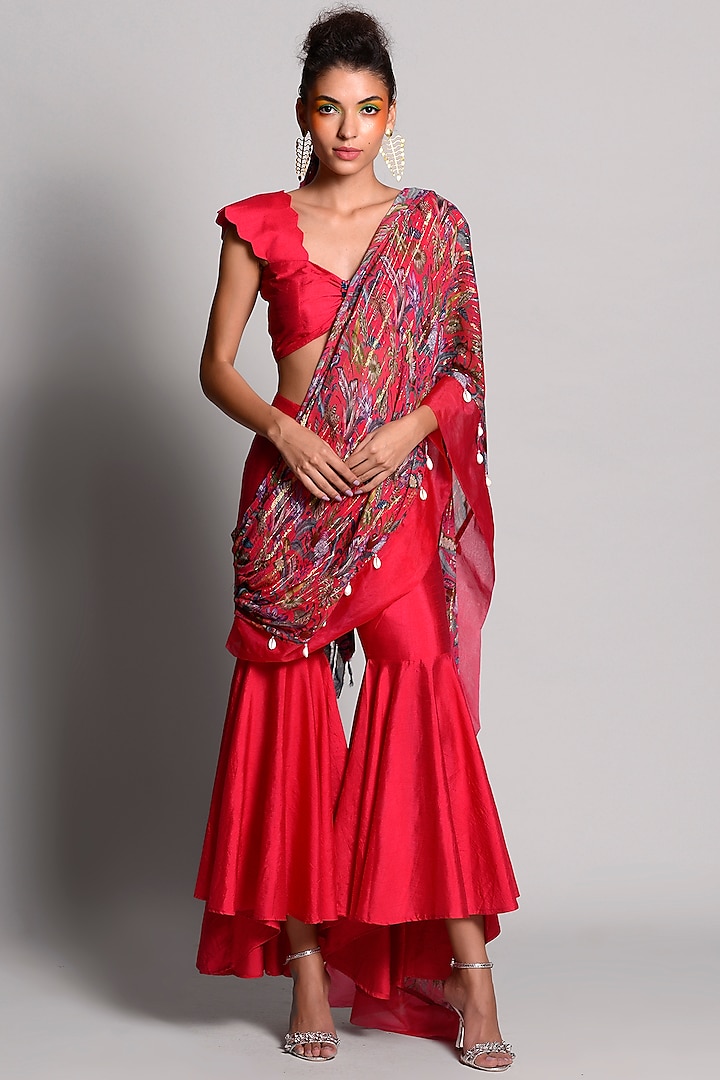 Raspberry Georgette & Dupion Tropical Printed Draped Pant Saree Set by Rishi & Vibhuti