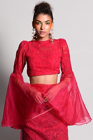 Raspberry Thread Embroidered Blouse by Rishi & Vibhuti