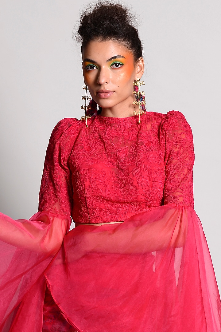 Raspberry Thread Embroidered Blouse by Rishi & Vibhuti at Pernia's Pop Up Shop