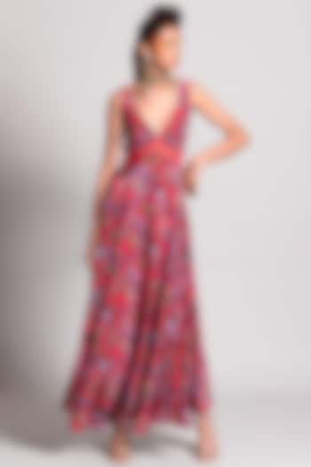 Raspberry Tropical Printed Maxi Dress by Rishi & Vibhuti