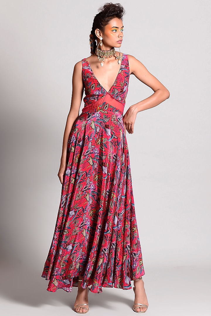 Raspberry Tropical Printed Maxi Dress by Rishi & Vibhuti