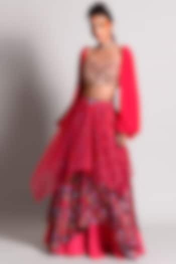 Raspberry Tropical Printed Layered Skirt Set by Rishi & Vibhuti