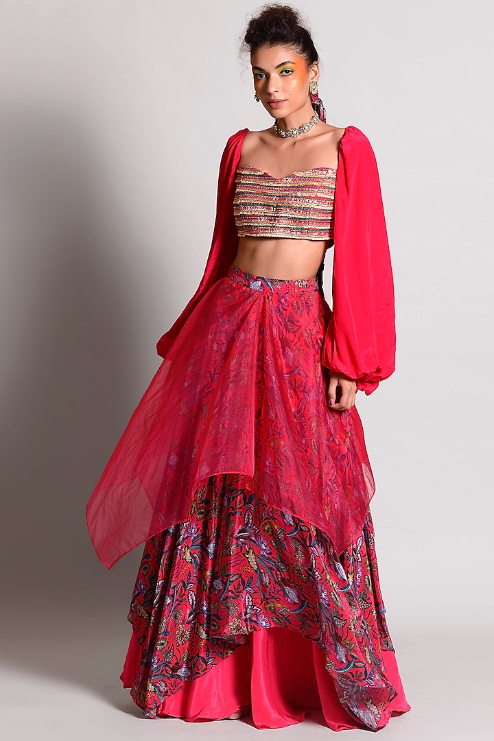 Raspberry Tropical Printed Layered Skirt Set by Rishi & Vibhuti