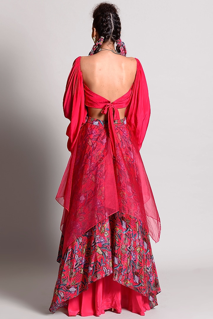 Raspberry Tropical Printed Layered Skirt Set by Rishi & Vibhuti at Pernia's Pop Up Shop