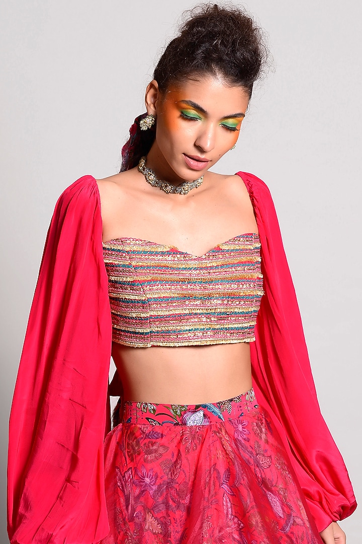 Raspberry Tropical Printed Layered Skirt Set by Rishi & Vibhuti at Pernia's Pop Up Shop