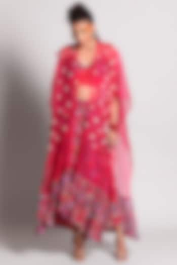 Raspberry Tropical Printed Pant Set With Cape by Rishi & Vibhuti at Pernia's Pop Up Shop