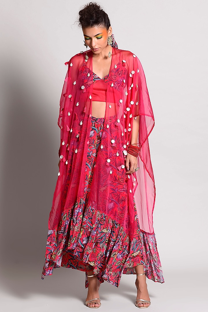 Raspberry Tropical Printed Pant Set With Cape by Rishi & Vibhuti at Pernia's Pop Up Shop