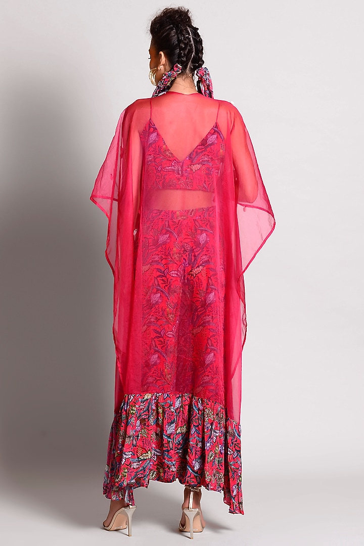 Raspberry Tropical Printed Pant Set With Cape by Rishi & Vibhuti at Pernia's Pop Up Shop