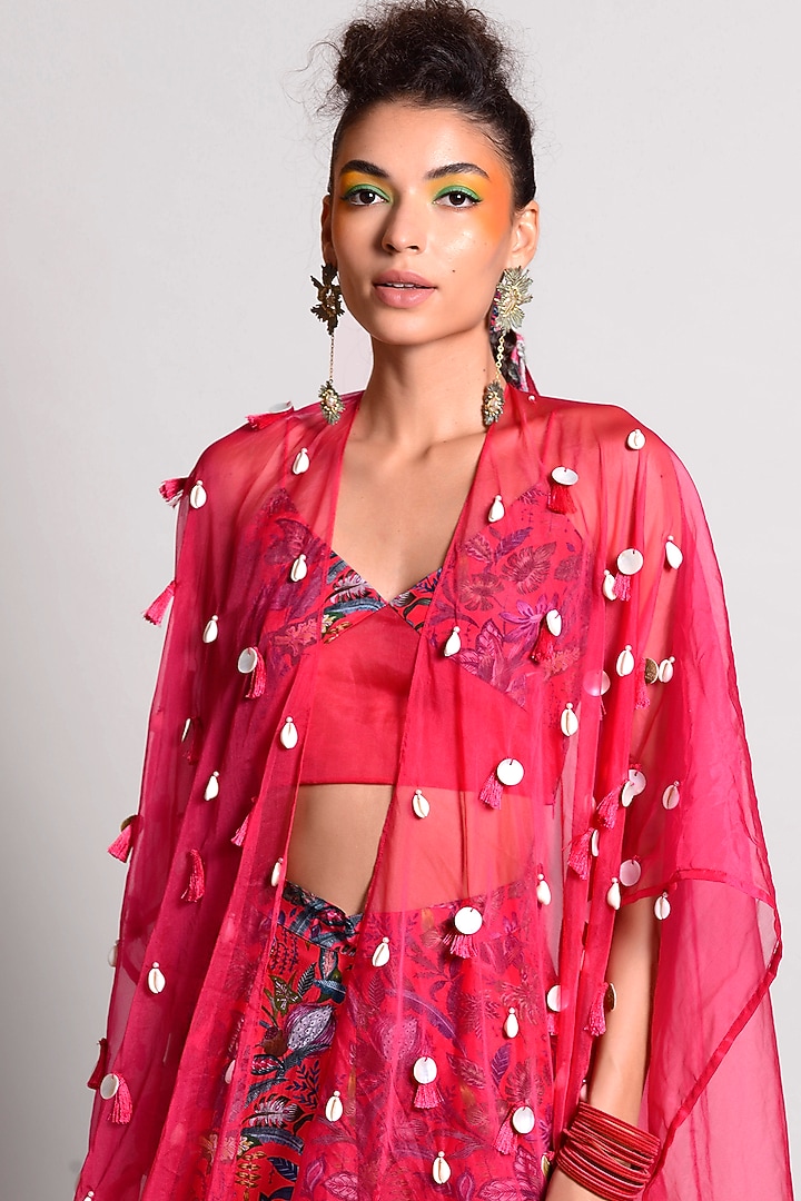 Raspberry Tropical Printed Pant Set With Cape by Rishi & Vibhuti at Pernia's Pop Up Shop