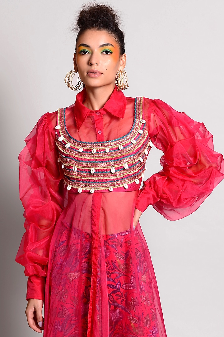 Raspberry Thread Embroidered Blouse by Rishi & Vibhuti