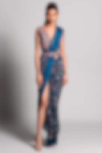 Teal Blue Tropical Printed Saree by Rishi & Vibhuti at Pernia's Pop Up Shop