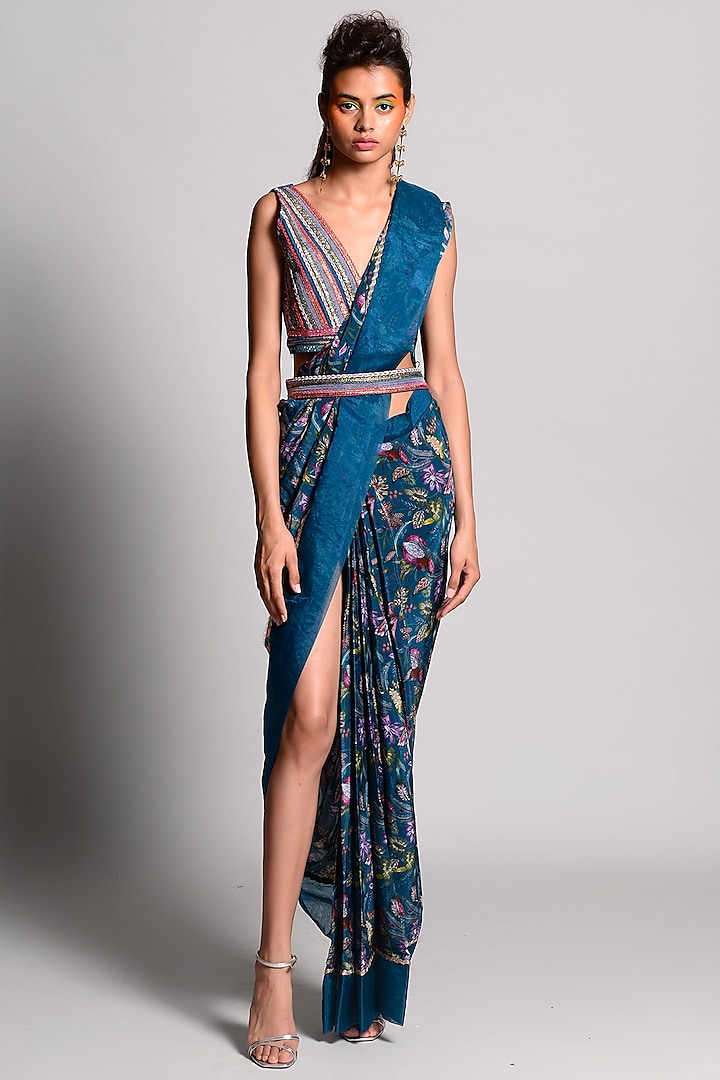 Teal Blue Tropical Printed Saree by Rishi & Vibhuti at Pernia's Pop Up Shop