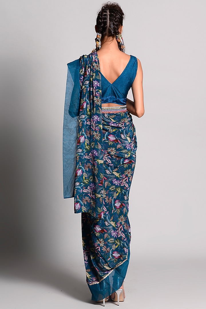 Teal Blue Tropical Printed Party Wear Saree by Rishi & Vibhuti at Pernia's Pop Up Shop