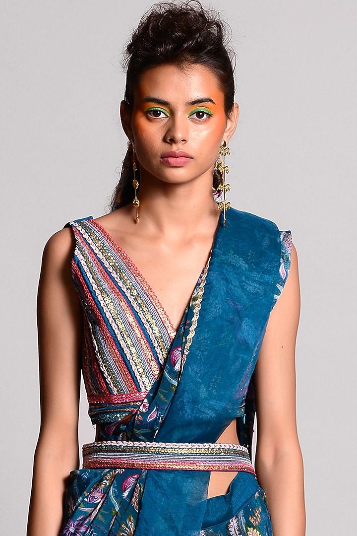 Teal Blue Tropical Printed Party Wear Saree by Rishi & Vibhuti at Pernia's Pop Up Shop