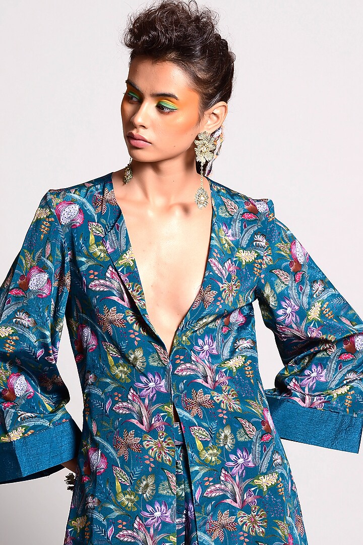 Teal Blue Pant Set With Tropical Print by Rishi & Vibhuti at Pernia's Pop Up Shop
