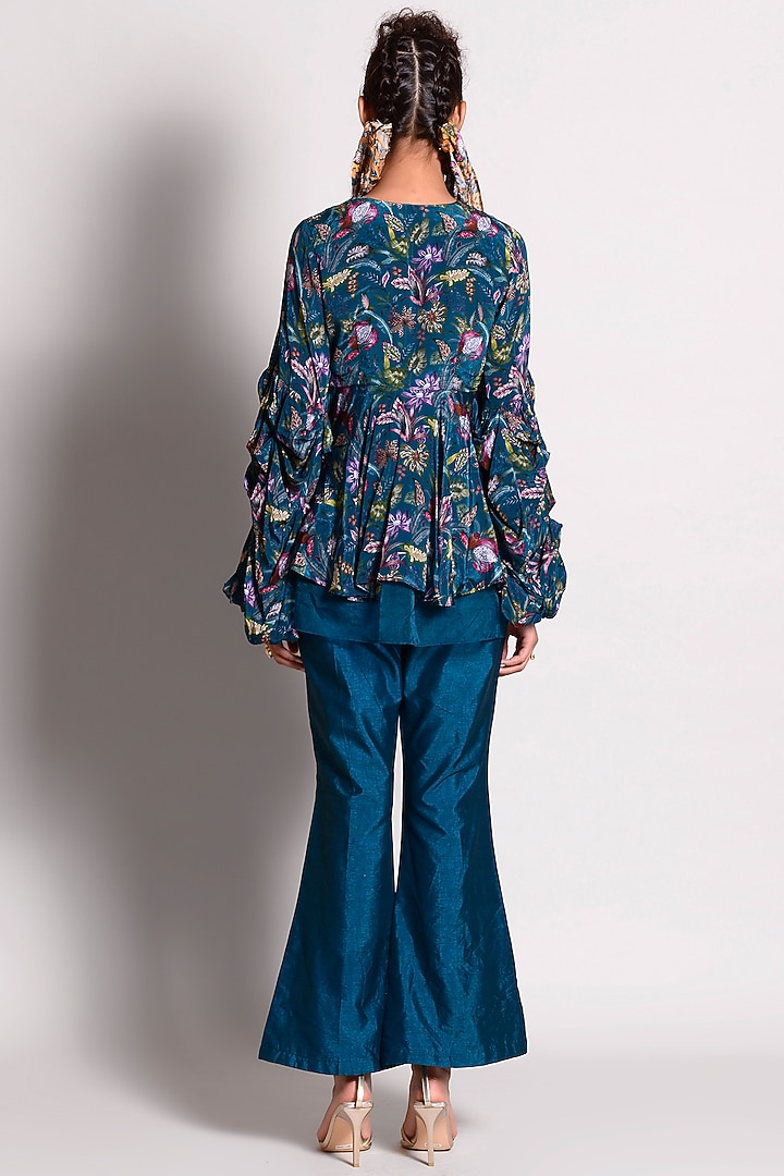 Teal Blue Crepe & Dupion Bell-Bottom Pant Set by Rishi & Vibhuti at Pernia's Pop Up Shop