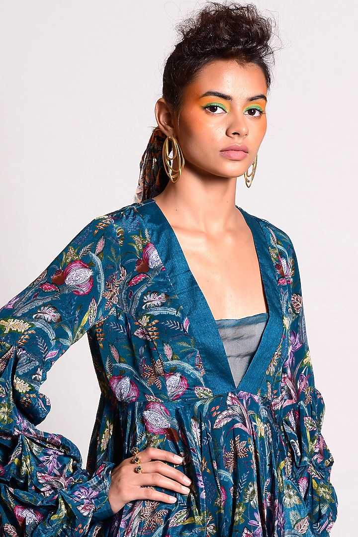 Teal Blue Crepe & Dupion Bell-Bottom Pant Set by Rishi & Vibhuti at Pernia's Pop Up Shop