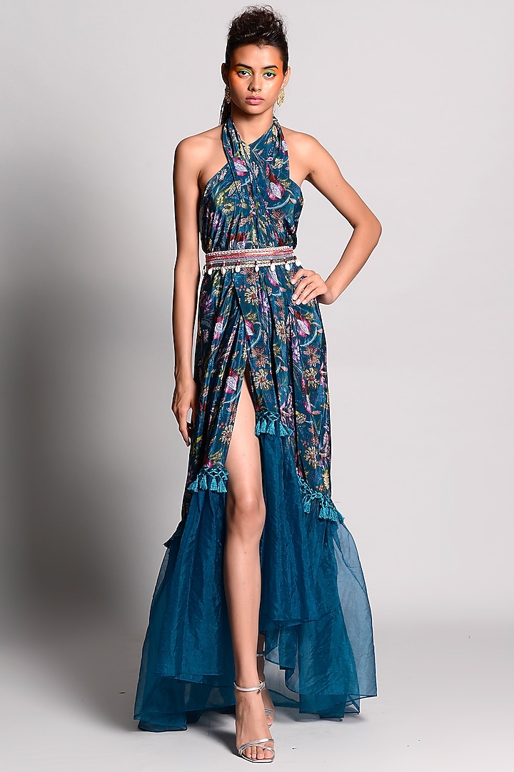 Teal Blue Tropical Printed Wrap-Around Sarong Dress by Rishi & Vibhuti