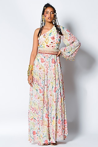 Ivory Crepe One Shoulder Dress by Rishi & Vibhuti