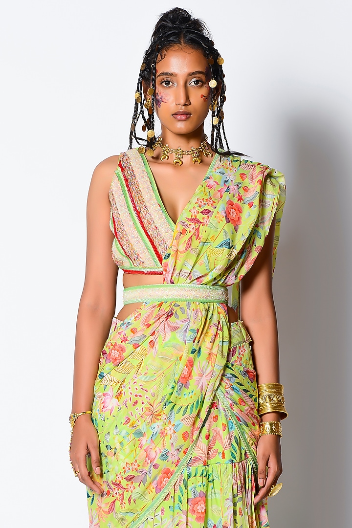 Lime Green Floral Printed Draped Wedding Saree Set by Rishi & Vibhuti at Pernia's Pop Up Shop