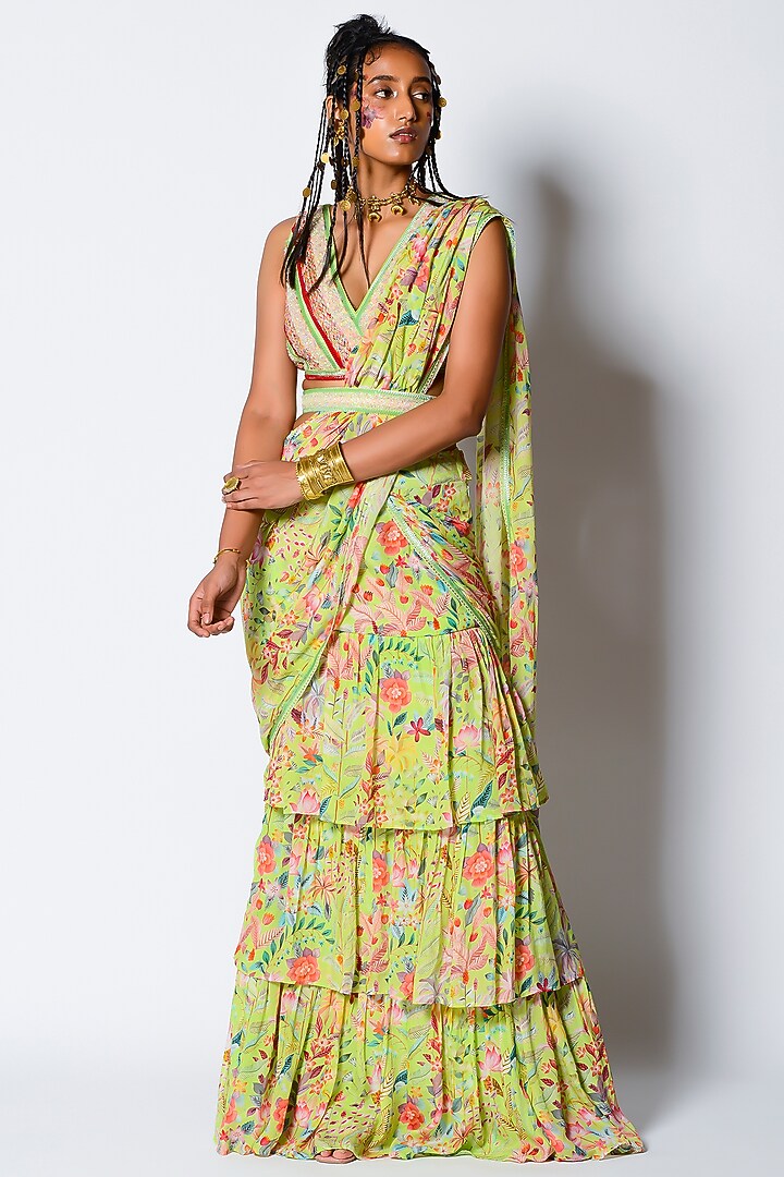 Lime Green Floral Printed Draped Wedding Saree Set by Rishi & Vibhuti at Pernia's Pop Up Shop