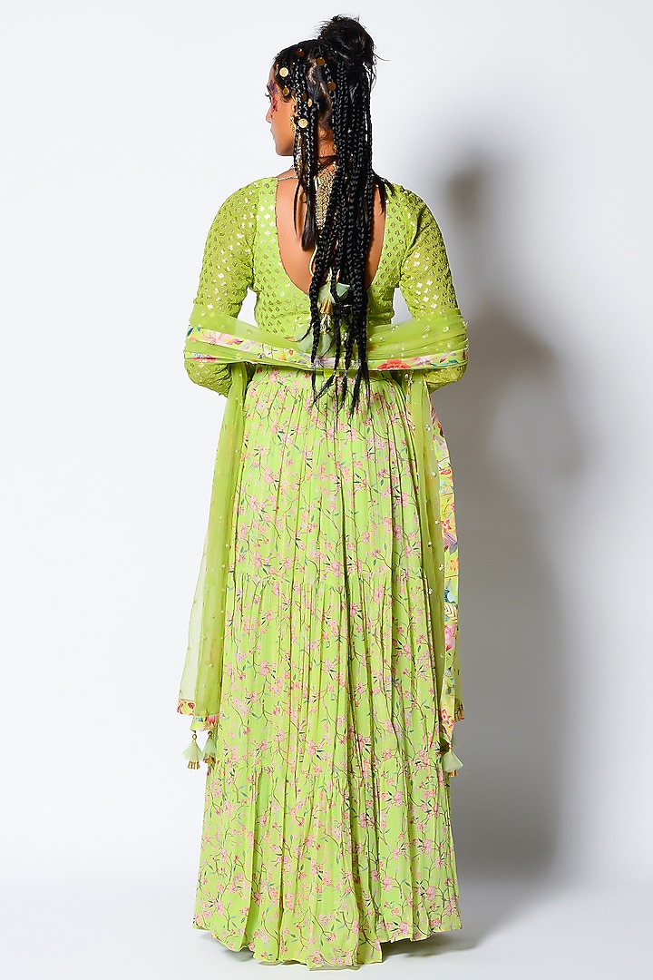 Mint Floral Printed Wedding Lehenga Set by Rishi & Vibhuti at Pernia's Pop Up Shop