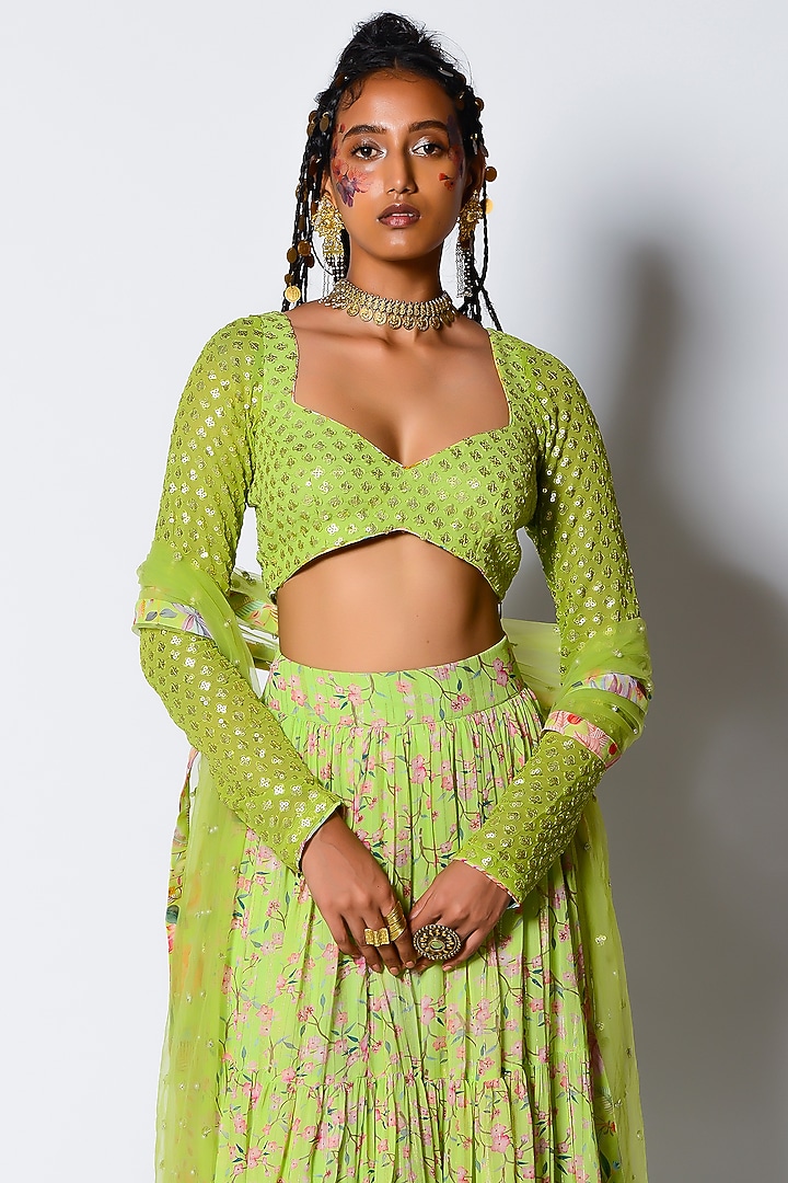 Mint Floral Printed Wedding Lehenga Set by Rishi & Vibhuti at Pernia's Pop Up Shop