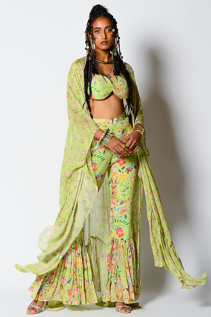 Mint Lurex Georgetet & Crepe Printed Gharara Set by Rishi & Vibhuti at Pernia's Pop Up Shop