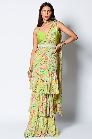 Mint Floral Printed Draped Saree Set by Rishi & Vibhuti