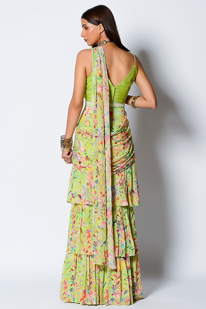 Mint Floral Printed Draped Wedding Saree Set by Rishi & Vibhuti at Pernia's Pop Up Shop
