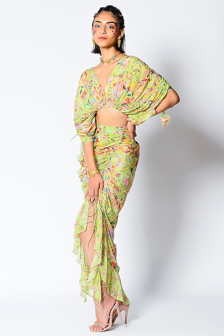 Mint Crepe Floral Printed Skirt Set by Rishi & Vibhuti at Pernia's Pop Up Shop