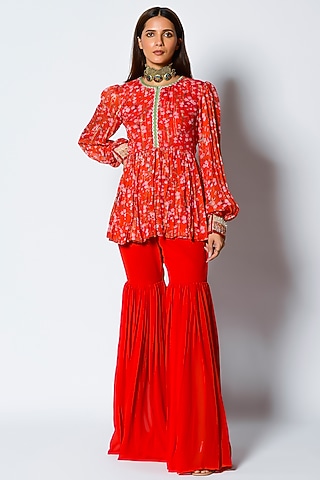 Paprika Red Georgette Gharara Set by Rishi & Vibhuti
