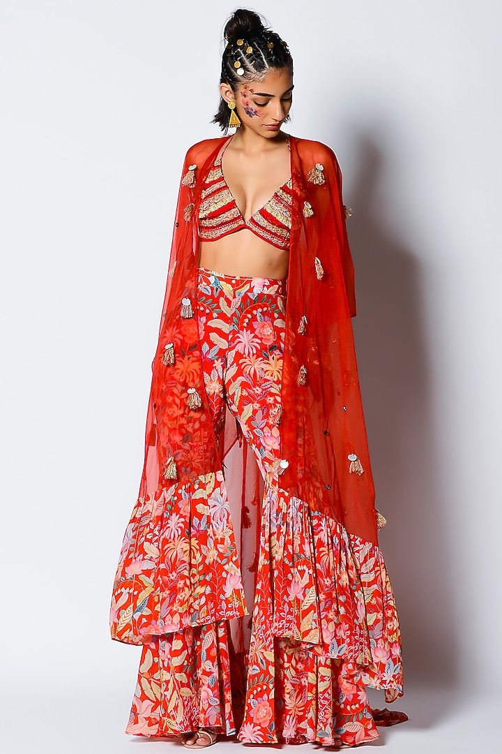 Paprika Red Floral Printed Pant Set by Rishi & Vibhuti at Pernia's Pop Up Shop