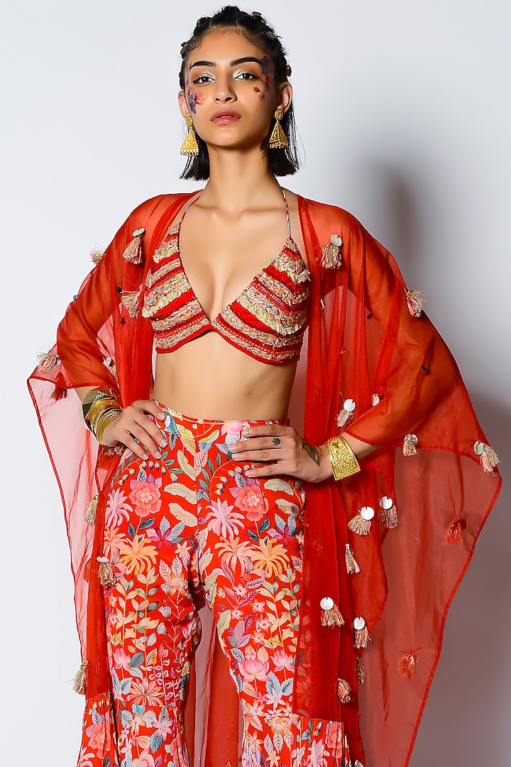 Paprika Red Floral Printed Pant Set by Rishi & Vibhuti at Pernia's Pop Up Shop