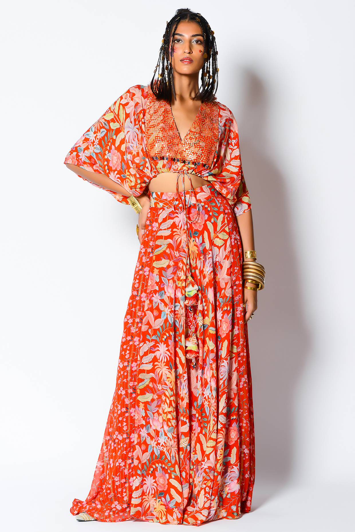 Red Crepe Printed Pant Set by Rishi & Vibhuti at Pernia's Pop Up Shop