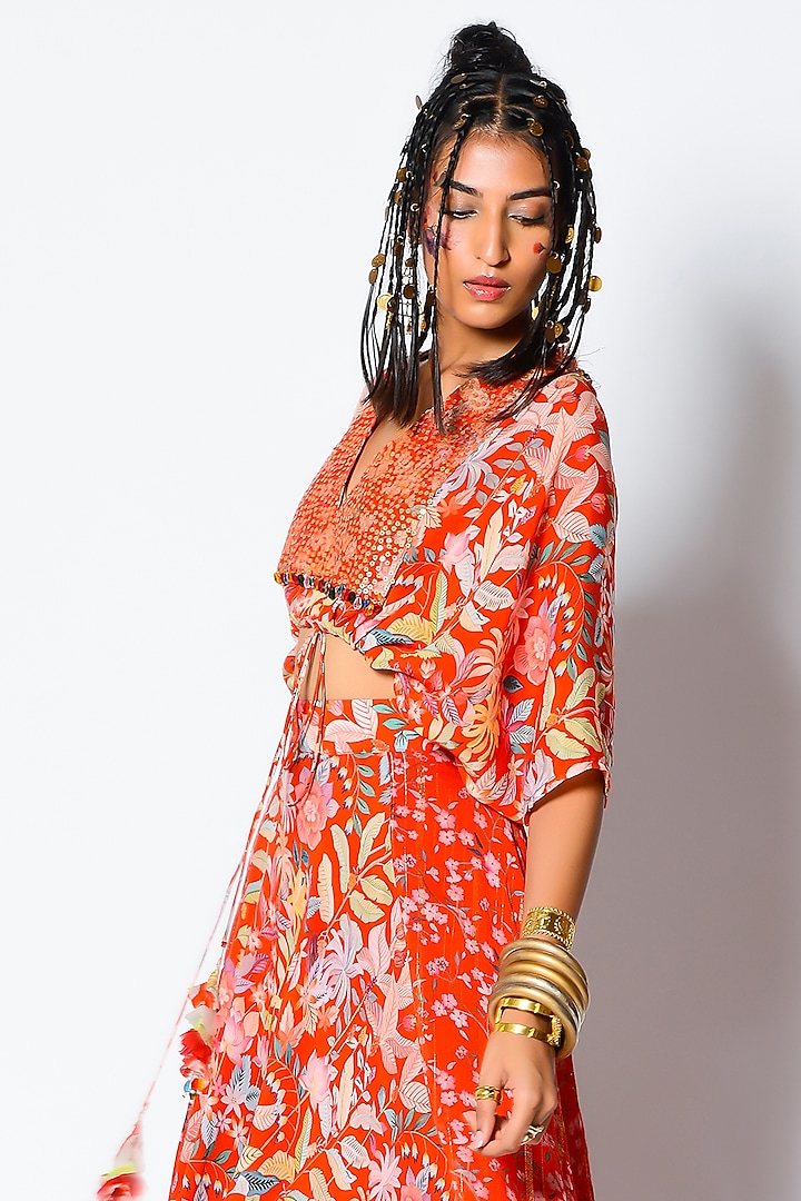 Red Crepe Printed Pant Set by Rishi & Vibhuti at Pernia's Pop Up Shop