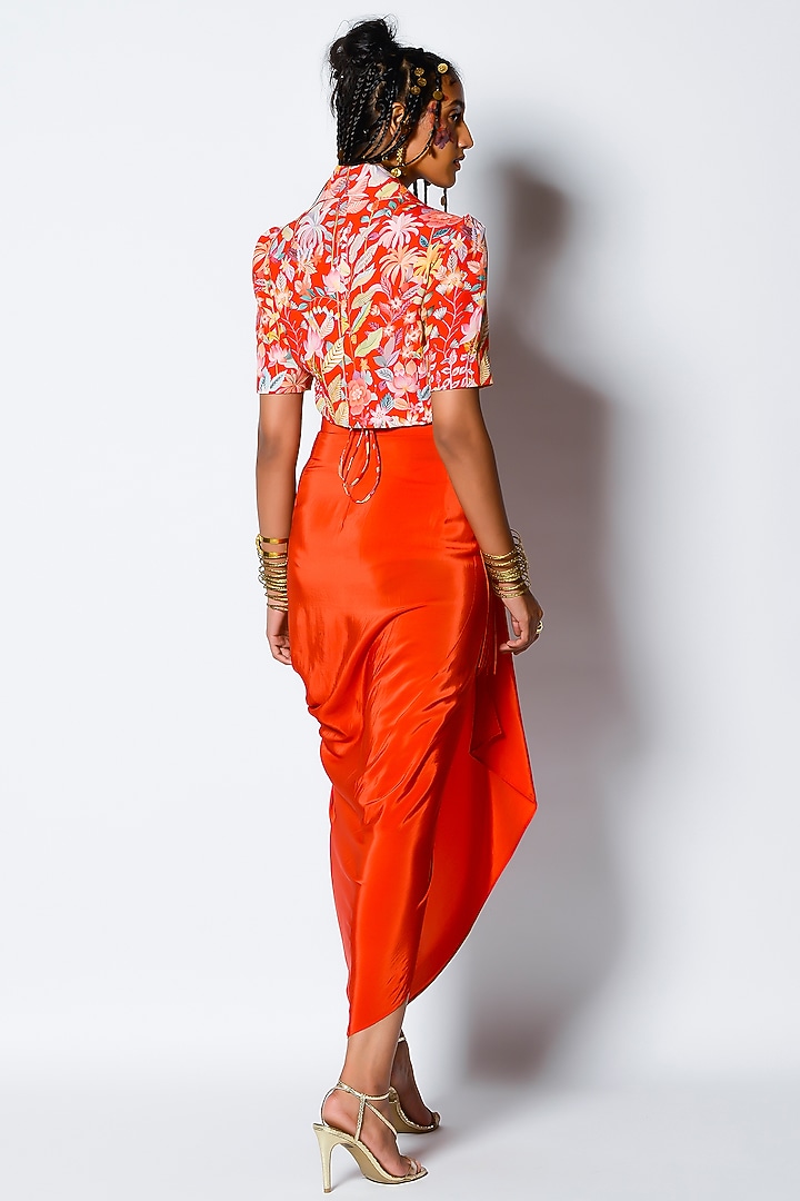 Red Crepe Draped Skirt Set by Rishi & Vibhuti at Pernia's Pop Up Shop