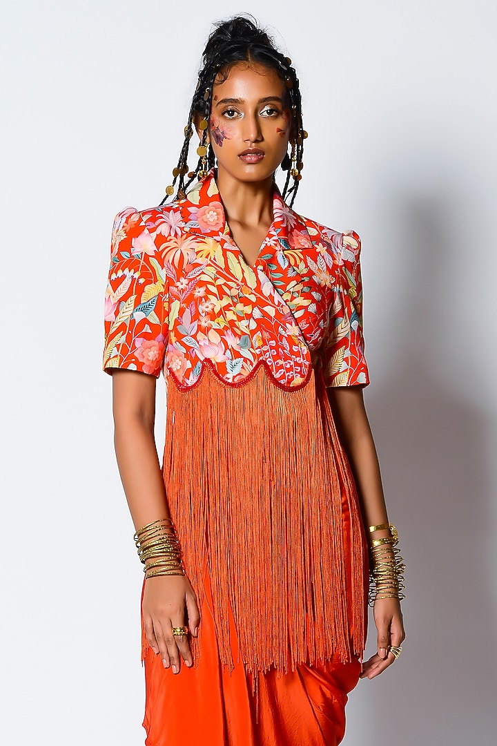 Red Crepe Draped Skirt Set by Rishi & Vibhuti at Pernia's Pop Up Shop