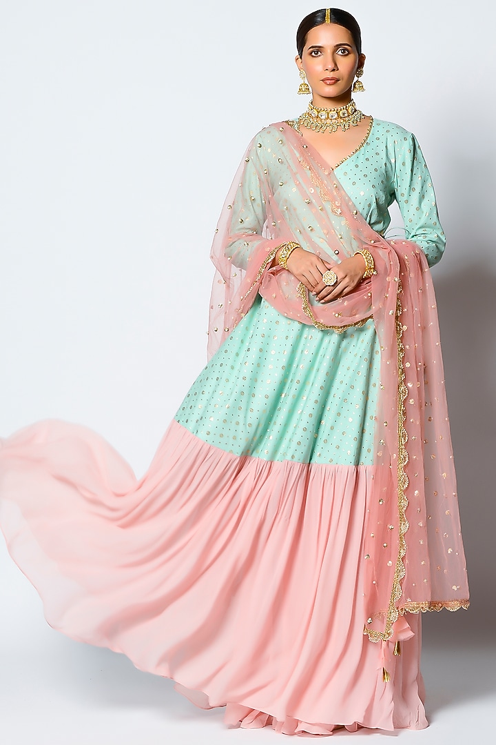 Mint & Blush Pink Embroidered Angrakha Party Wear Anarkali Set by Rishi & Vibhuti at Pernia's Pop Up Shop