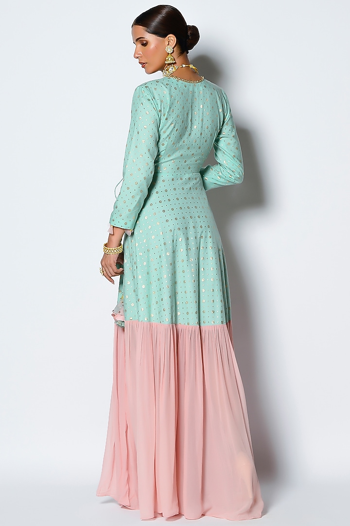 Mint & Blush Pink Embroidered Angrakha Party Wear Anarkali Set by Rishi & Vibhuti at Pernia's Pop Up Shop