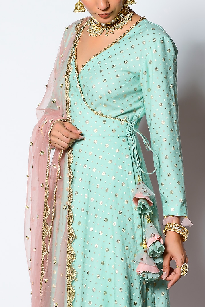 Mint & Blush Pink Embroidered Angrakha Party Wear Anarkali Set by Rishi & Vibhuti at Pernia's Pop Up Shop