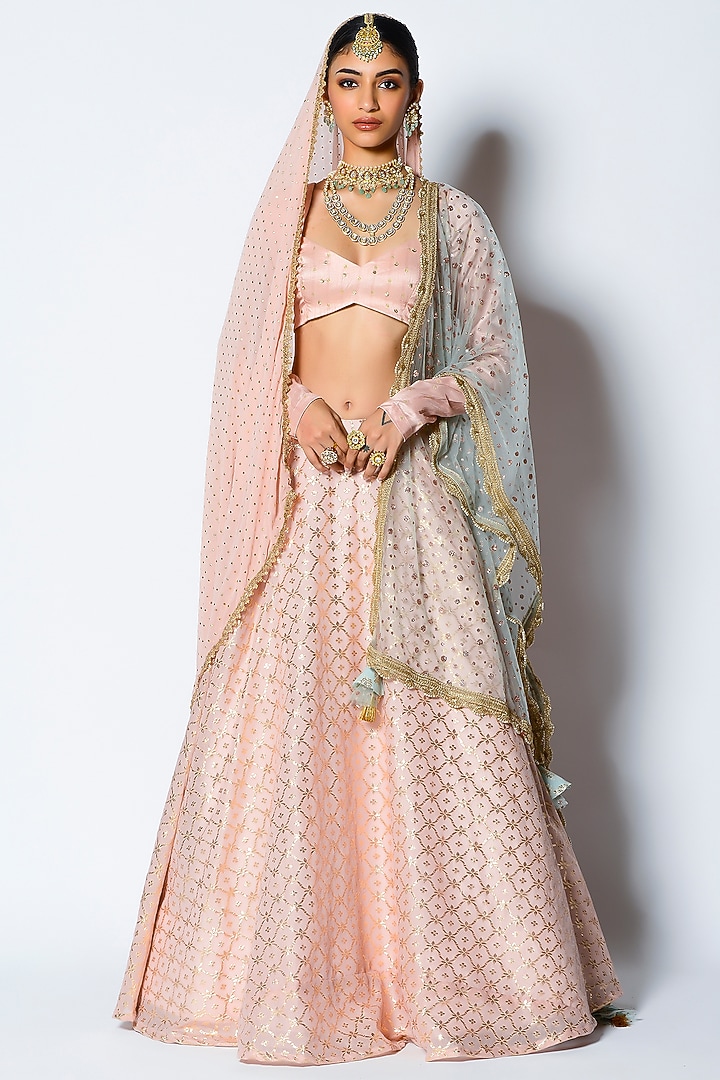 Peach Embroidered Wedding Lehenga Set by Rishi & Vibhuti at Pernia's Pop Up Shop