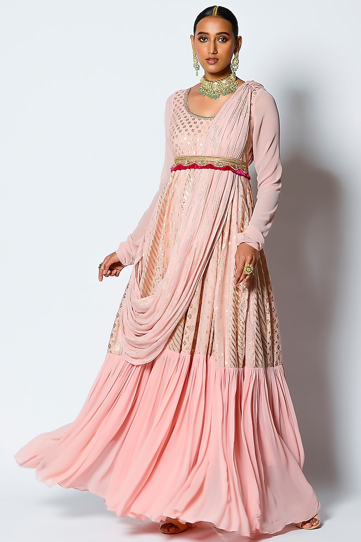 Peach Embroidered Gown Saree by Rishi & Vibhuti