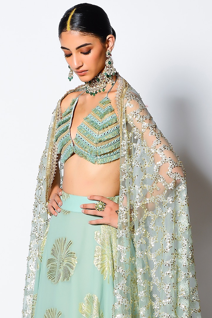 Mint Embroidered Wedding Lehenga Set by Rishi & Vibhuti at Pernia's Pop Up Shop