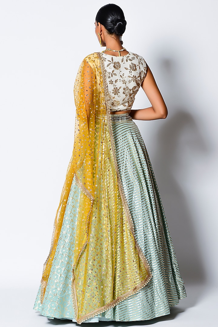 Mint & White Paneled Circular Wedding Lehenga Set by Rishi & Vibhuti at Pernia's Pop Up Shop